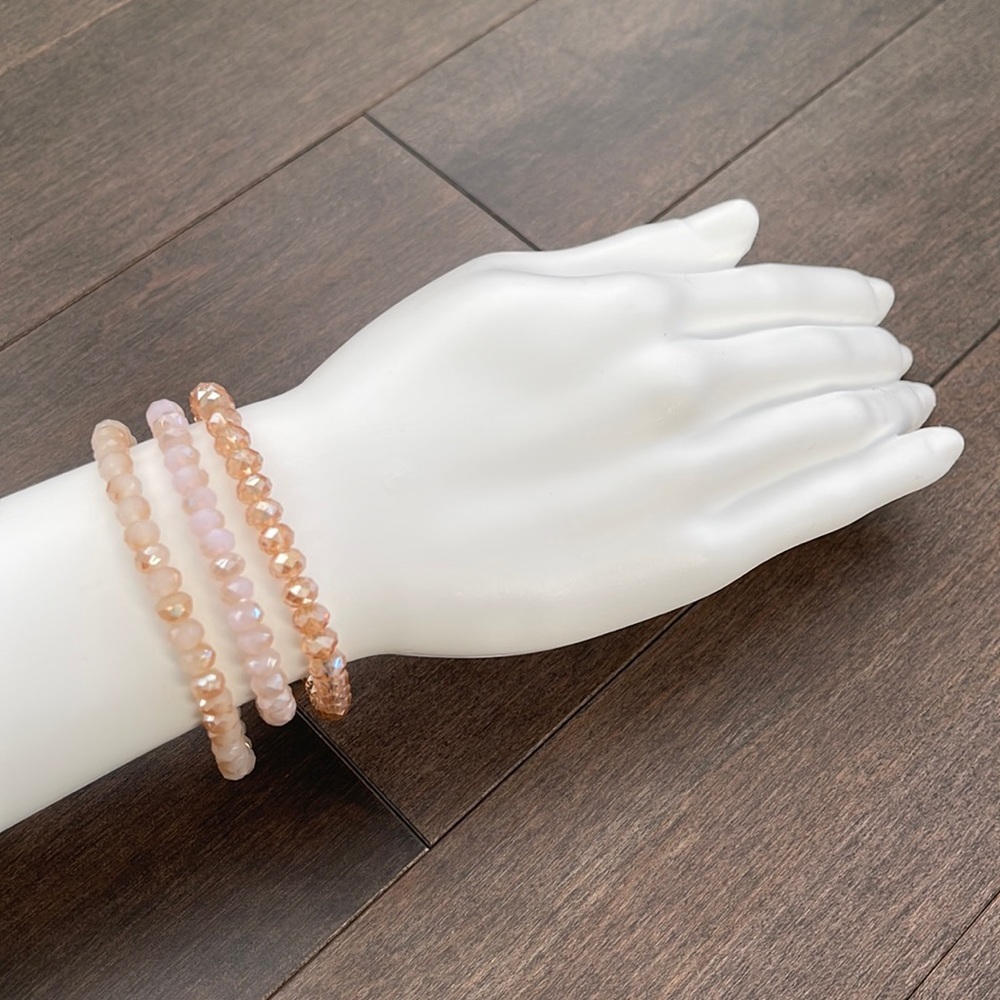 JOE FRESH Women’s Natural Beige Pink Tan Beaded Bracelet Stack, Stretch Set